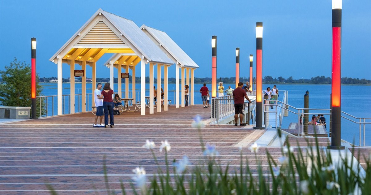 Pavilions and the lakeside promenade at Kissimmee Lakefront Park on Lake Tohopekaliga, photographed by the City of Kissimmee