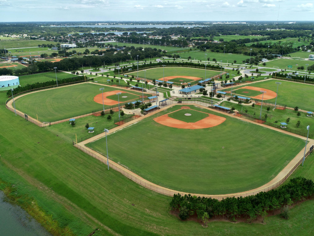 Aerial view of baseball fields at Lake Myrtle Sports Complex in Auburndale, photographed by the City of Auburndale