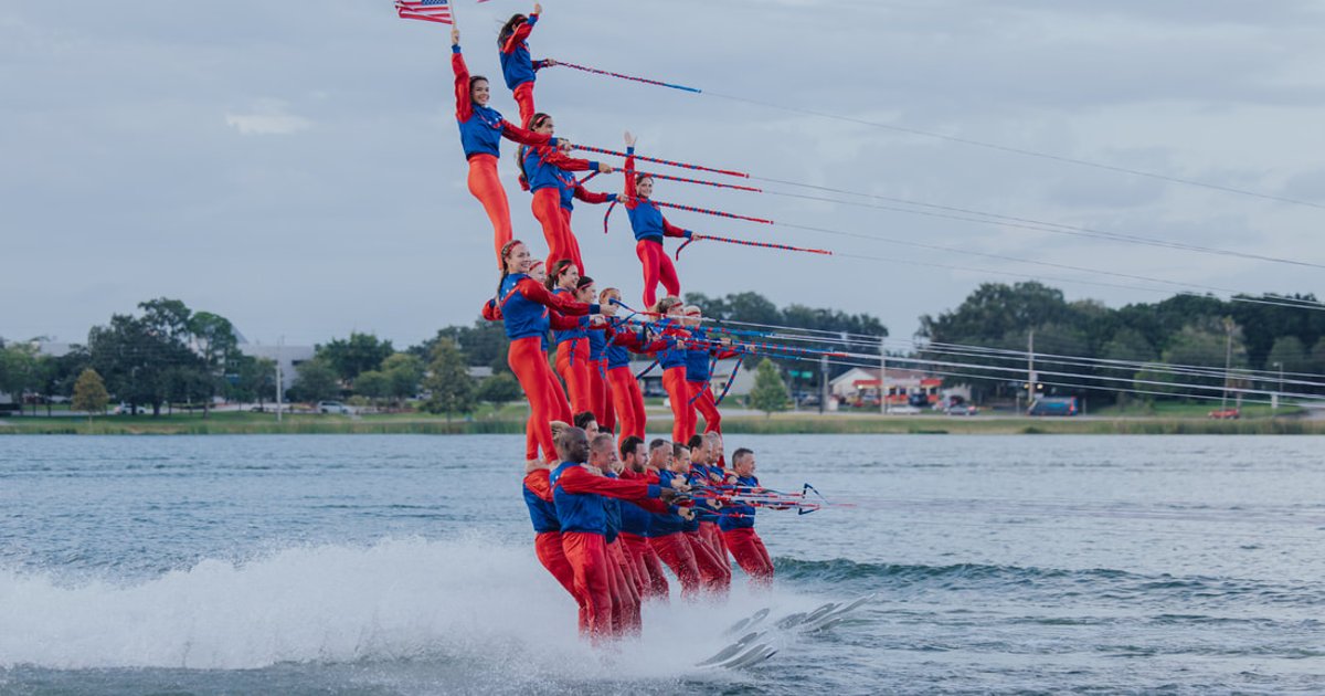 Water-ski performers forming a pyramid on a Winter Haven lake, from the Winter Haven Chamber of Commerce photo library